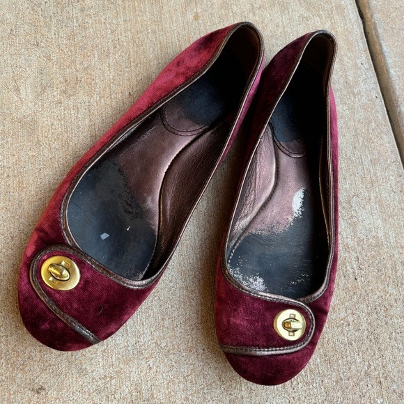 Coach Shoes - Coach Turnlock Burgundy Velvet Ballet Flats with Gold Accent